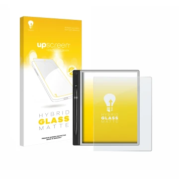 Parte frontale di una confezione del prodotto con il logo del marchio upscreen. Accanto è raffigurato il dispositivo Montblanc