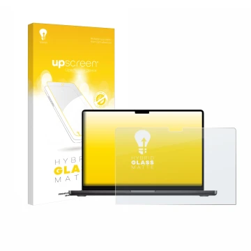 Parte frontale di una confezione del prodotto con il logo del marchio upscreen. Accanto è raffigurato il dispositivo Apple Mac