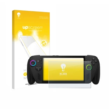 Parte frontale di una confezione del prodotto con il logo del marchio upscreen. Accanto è raffigurato il dispositivo ASUS ROG 