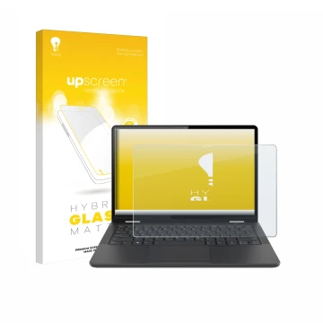 Parte frontale di una confezione del prodotto con il logo del marchio upscreen. Accanto è raffigurato il dispositivo Lenovo 13