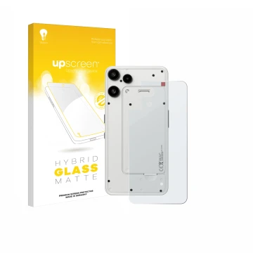 Parte frontale di una confezione del prodotto con il logo del marchio upscreen. Accanto è raffigurato il dispositivo Nothing P