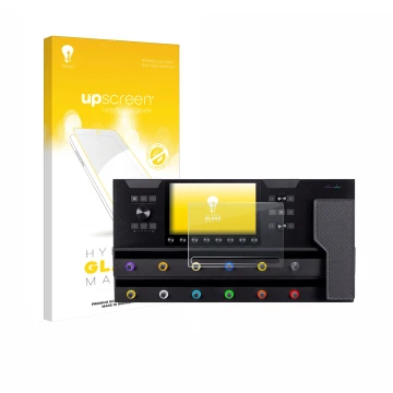 Parte frontale di una confezione del prodotto con il logo del marchio upscreen. Accanto è raffigurato il dispositivo Line 6 He