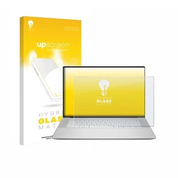 Parte frontale di una confezione del prodotto con il logo del marchio upscreen. Accanto è raffigurato il dispositivo Dell 16 P