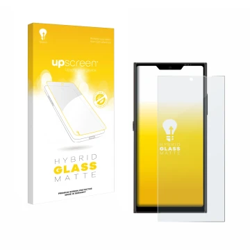 Parte frontale di una confezione del prodotto con il logo del marchio upscreen. Accanto è raffigurato il dispositivo Jolla Pho