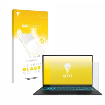 Parte frontale di una confezione del prodotto con il logo del marchio upscreen. Accanto è raffigurato il dispositivo ASUS V16 