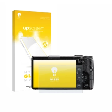 Parte frontale di una confezione del prodotto con il logo del marchio upscreen. Accanto è raffigurato il dispositivo Ricoh GR 