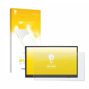 Parte frontale di una confezione del prodotto con il logo del marchio upscreen. Accanto è raffigurato il dispositivo Acer PM19