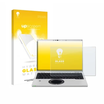 Parte frontale di una confezione del prodotto con il logo del marchio upscreen. Accanto è raffigurato il dispositivo Panasonic