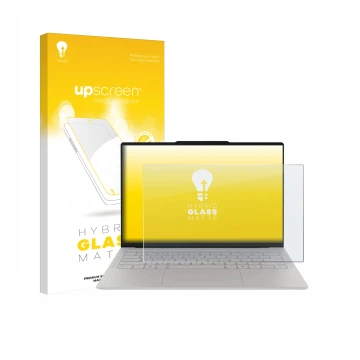 Parte frontale di una confezione del prodotto con il logo del marchio upscreen. Accanto è raffigurato il dispositivo Lenovo Yo