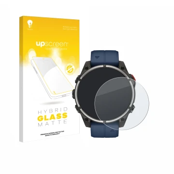 Parte frontale di una confezione del prodotto con il logo del marchio upscreen. Accanto è raffigurato il dispositivo Garmin qu