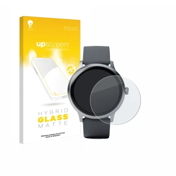 Parte frontale di una confezione del prodotto con il logo del marchio upscreen. Accanto è raffigurato il dispositivo Pebble Ro