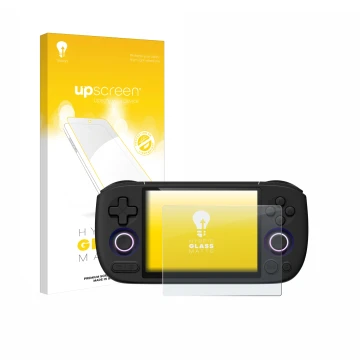 Parte frontale di una confezione del prodotto con il logo del marchio upscreen. Accanto è raffigurato il dispositivo Ayaneo Po