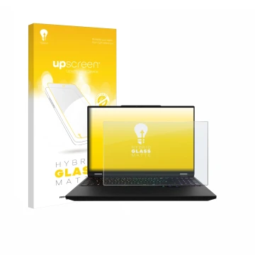 Parte frontale di una confezione del prodotto con il logo del marchio upscreen. Accanto è raffigurato il dispositivo XMG Apex 