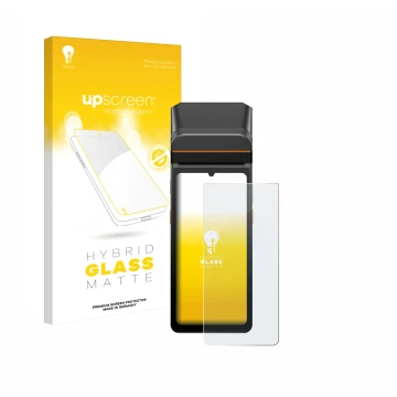 Parte frontale di una confezione del prodotto con il logo del marchio upscreen. Accanto è raffigurato il dispositivo Sunmi V3 