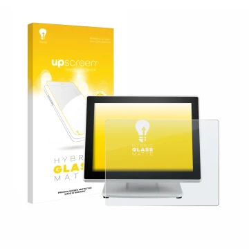 Parte frontale di una confezione del prodotto con il logo del marchio upscreen. Accanto è raffigurato il dispositivo Posiflex 