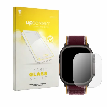 Parte frontale di una confezione del prodotto con il logo del marchio upscreen. Accanto è raffigurato il dispositivo Apple Wat