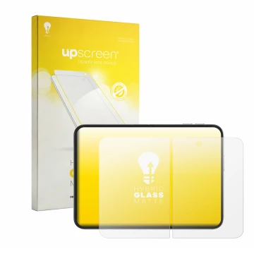 Parte frontale di una confezione del prodotto con il logo del marchio upscreen. Accanto è raffigurato il dispositivo Apple iPh