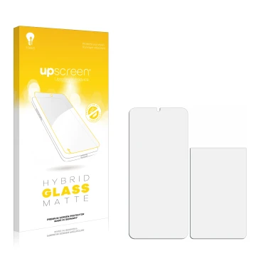 Parte frontale di una confezione del prodotto con il logo del marchio upscreen. Accanto si trova la protezione per lo schermo 