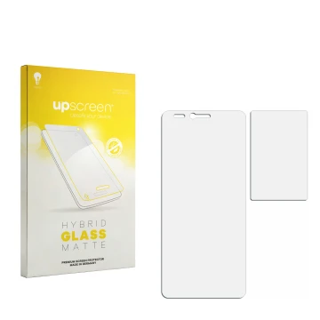 Parte frontale di una confezione del prodotto con il logo del marchio upscreen. Accanto si trova la protezione per lo schermo 