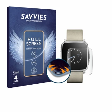 Parte frontale di una confezione del prodotto con il logo del marchio Savvies. Accanto è raffigurato il dispositivo Pebble Tim