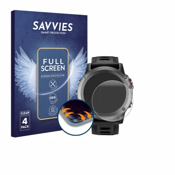 Parte frontale di una confezione del prodotto con il logo del marchio Savvies. Accanto è raffigurato il dispositivo Garmin Fen