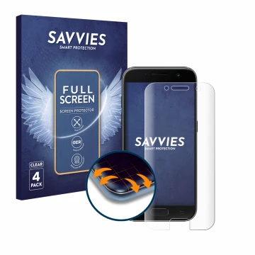 Parte frontale di una confezione del prodotto con il logo del marchio Savvies. Accanto è raffigurato il dispositivo Samsung Ga