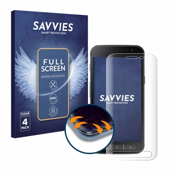 Parte frontale di una confezione del prodotto con il logo del marchio Savvies. Accanto è raffigurato il dispositivo Samsung Ga