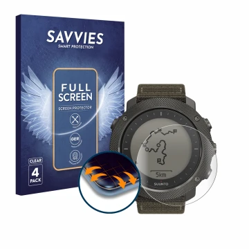 Parte frontale di una confezione del prodotto con il logo del marchio Savvies. Accanto è raffigurato il dispositivo Suunto Tra
