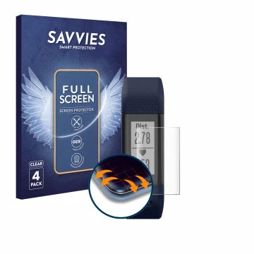 Parte frontale di una confezione del prodotto con il logo del marchio Savvies. Accanto è raffigurato il dispositivo Garmin Viv
