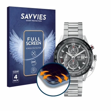 Parte frontale di una confezione del prodotto con il logo del marchio Savvies. Accanto è raffigurato il dispositivo TAG Heuer 