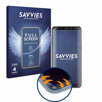 Parte frontale di una confezione del prodotto con il logo del marchio Savvies. Accanto è raffigurato il dispositivo Samsung Ga