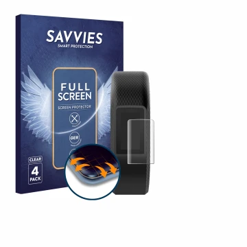 Parte frontale di una confezione del prodotto con il logo del marchio Savvies. Accanto è raffigurato il dispositivo Garmin Viv