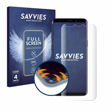 Parte frontale di una confezione del prodotto con il logo del marchio Savvies. Accanto è raffigurato il dispositivo Samsung Ga