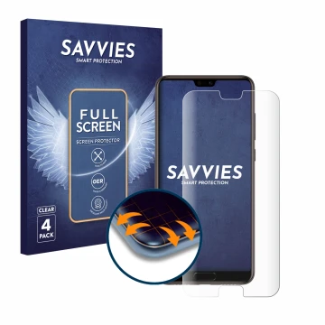 Parte frontale di una confezione del prodotto con il logo del marchio Savvies. Accanto è raffigurato il dispositivo Huawei P20