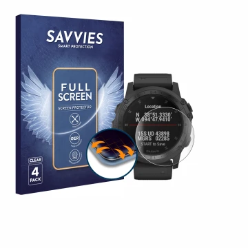 Parte frontale di una confezione del prodotto con il logo del marchio Savvies. Accanto è raffigurato il dispositivo Garmin Tac