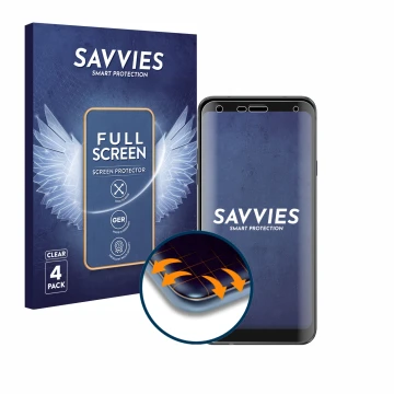 Parte frontale di una confezione del prodotto con il logo del marchio Savvies. Accanto è raffigurato il dispositivo LG Q7 con 