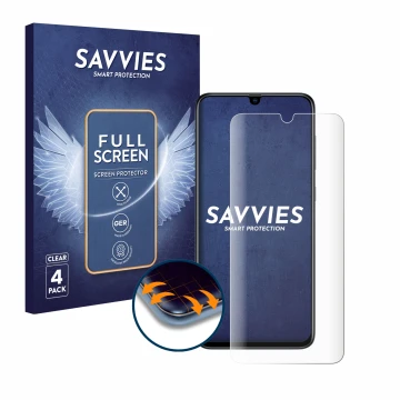 Parte frontale di una confezione del prodotto con il logo del marchio Savvies. Accanto è raffigurato il dispositivo Samsung Ga