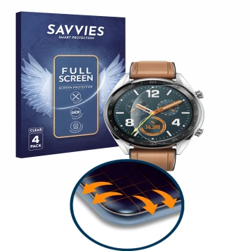 Parte frontale di una confezione del prodotto con il logo del marchio Savvies. Accanto è raffigurato il dispositivo Huawei Wat