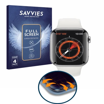Parte frontale di una confezione del prodotto con il logo del marchio Savvies. Accanto è raffigurato il dispositivo Apple Watc
