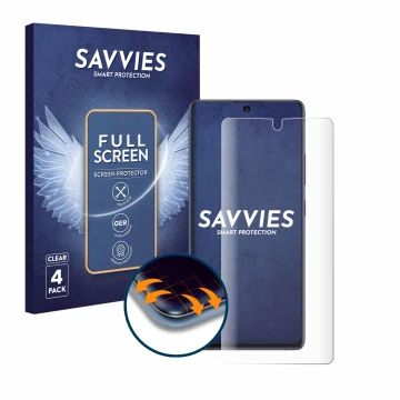 Parte frontale di una confezione del prodotto con il logo del marchio Savvies. Accanto è raffigurato il dispositivo Samsung Ga