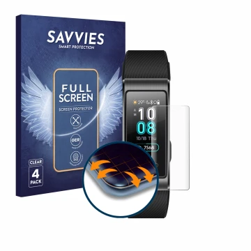 Parte frontale di una confezione del prodotto con il logo del marchio Savvies. Accanto è raffigurato il dispositivo Huawei Ban