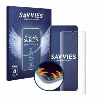 Parte frontale di una confezione del prodotto con il logo del marchio Savvies. Accanto è raffigurato il dispositivo Samsung Ga