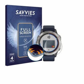 Parte frontale di una confezione del prodotto con il logo del marchio Savvies. Accanto è raffigurato il dispositivo Garmin qua
