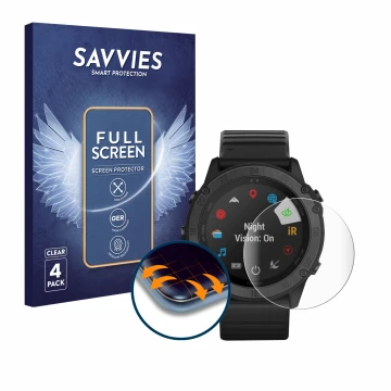 Parte frontale di una confezione del prodotto con il logo del marchio Savvies. Accanto è raffigurato il dispositivo Garmin Tac
