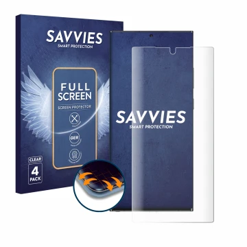 Parte frontale di una confezione del prodotto con il logo del marchio Savvies. Accanto è raffigurato il dispositivo Samsung Ga
