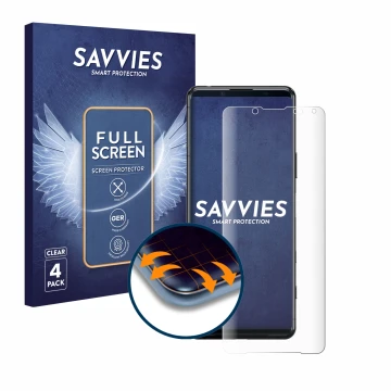 Parte frontale di una confezione del prodotto con il logo del marchio Savvies. Accanto è raffigurato il dispositivo Sony Xperi