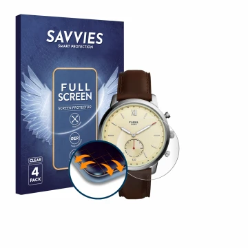 Parte frontale di una confezione del prodotto con il logo del marchio Savvies. Accanto è raffigurato il dispositivo Fossil Neu
