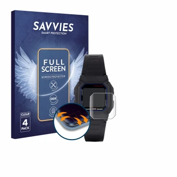 Parte frontale di una confezione del prodotto con il logo del marchio Savvies. Accanto è raffigurato il dispositivo Casio W-80