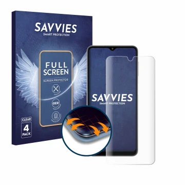 Parte frontale di una confezione del prodotto con il logo del marchio Savvies. Accanto è raffigurato il dispositivo Samsung Ga