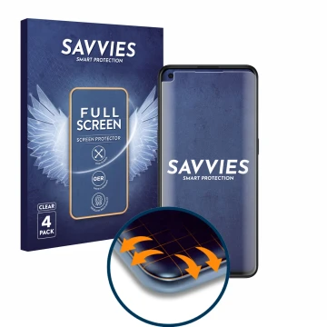 Parte frontale di una confezione del prodotto con il logo del marchio Savvies. Accanto è raffigurato il dispositivo Oppo Find 